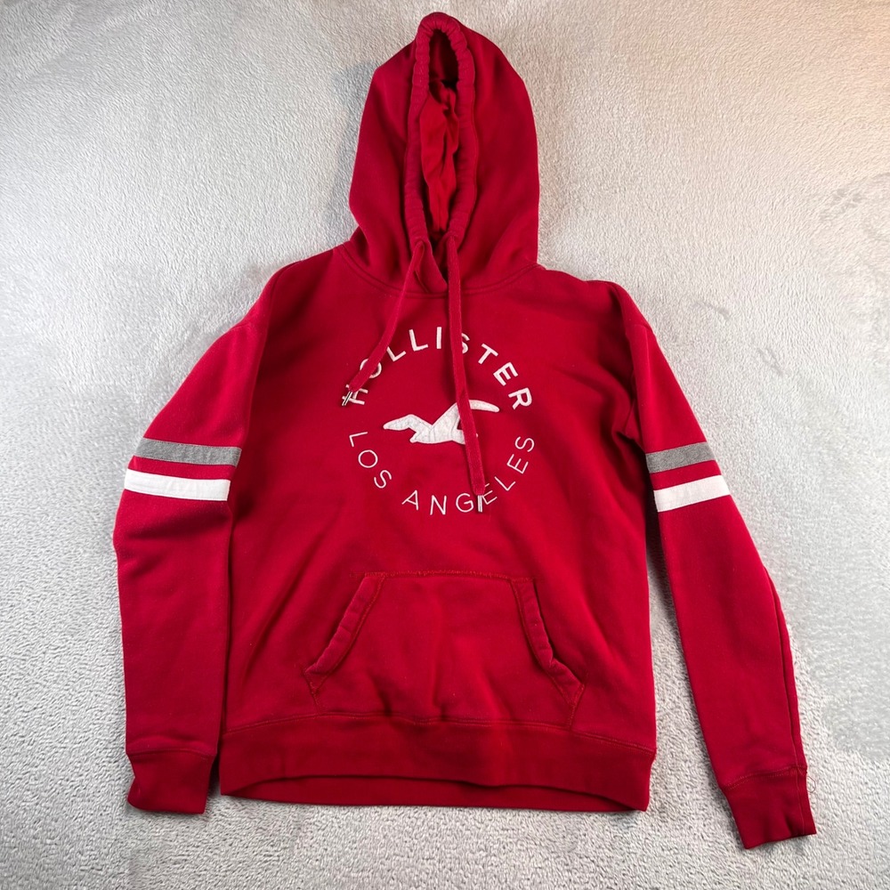 VTG Hollister Red Los Angeles Hoodie Sweatshirt Mens Small Striped Sleeves